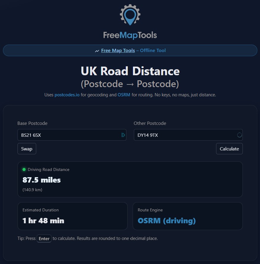 Screenshot of UK Postcode to Postcode Road Distance Tool